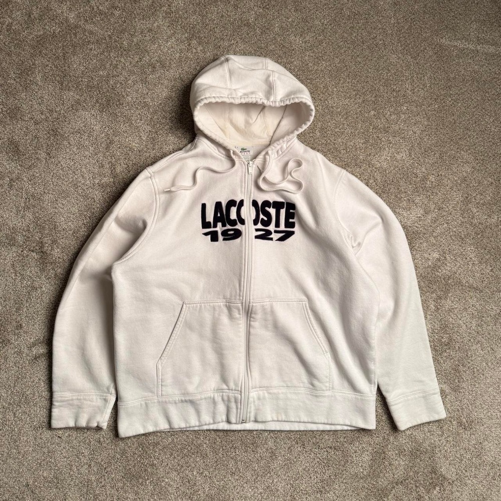 WHITE LACOSTE 1927 PATCHWORK ZIP UP HOODIE